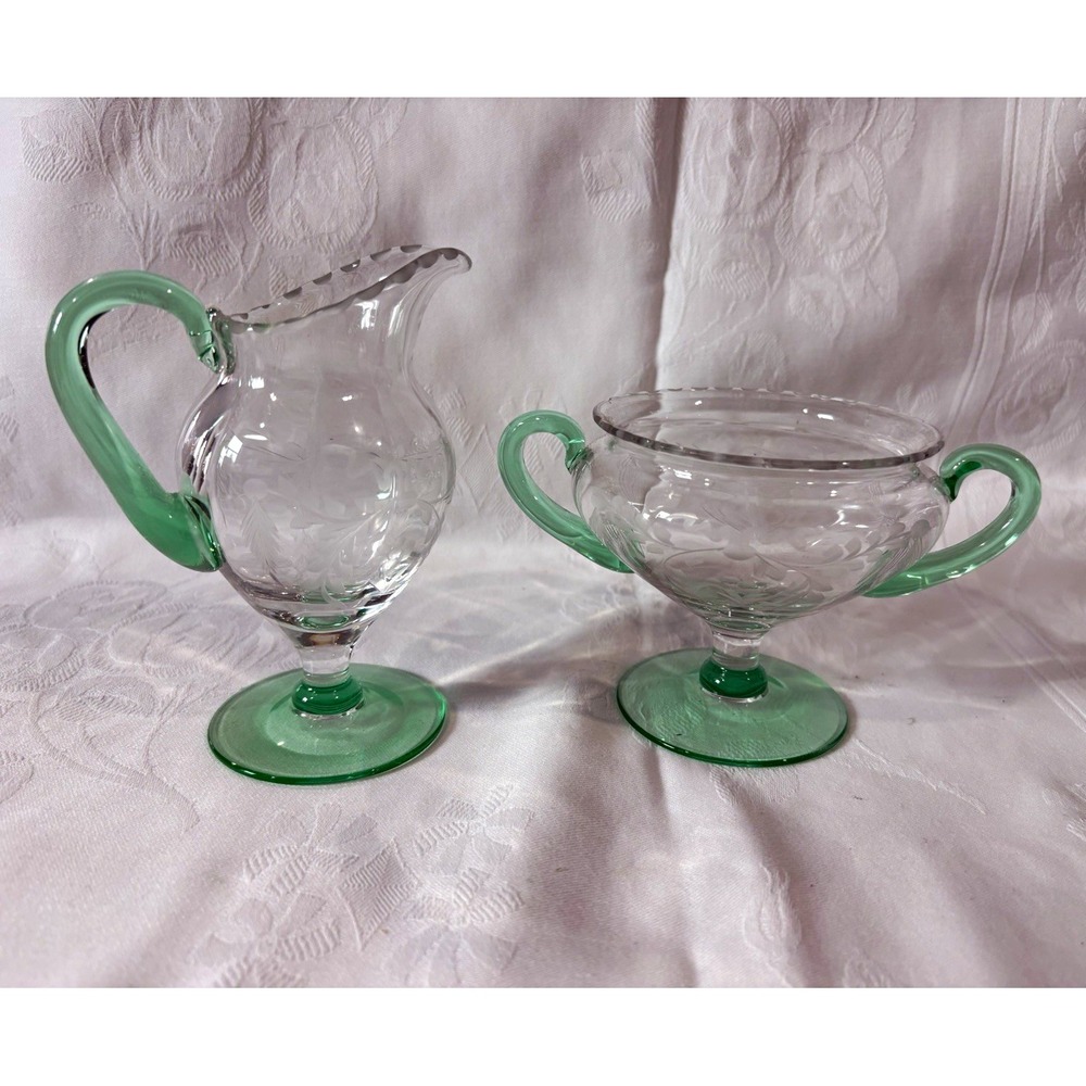 Clear & Green Floral Glass Creamer & Sugar Set w/ Handles, Glossy Art Deco